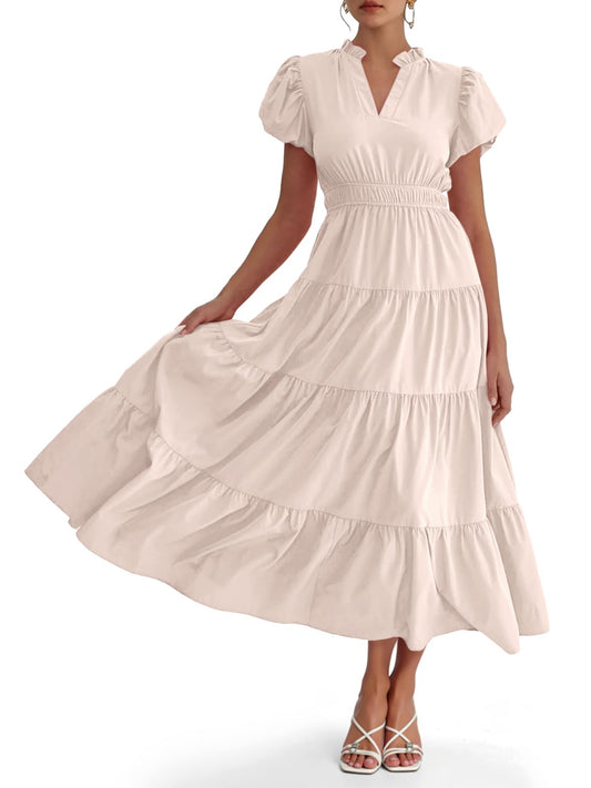 Lilavera™ – Puff Sleeve V-Neck Tiered Flowy Midi Dress + 50% OFF