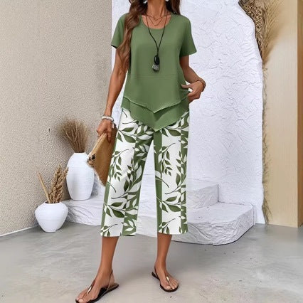 Willowset – Layered-Hem Top & Leaf-Print Wide-Leg Capri Two-Piece Set + 50% OFF