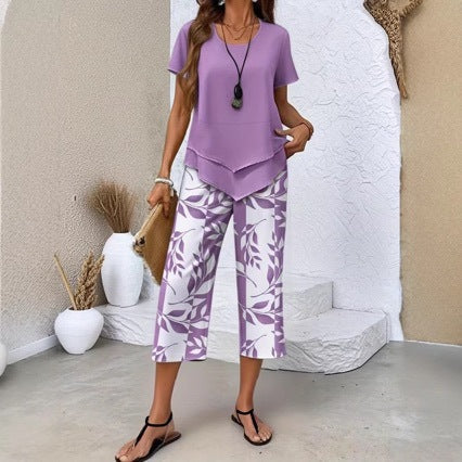 Willowset – Layered-Hem Top & Leaf-Print Wide-Leg Capri Two-Piece Set + 50% OFF