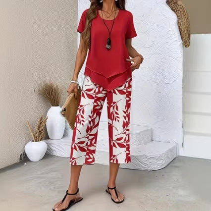 Willowset – Layered-Hem Top & Leaf-Print Wide-Leg Capri Two-Piece Set + 50% OFF