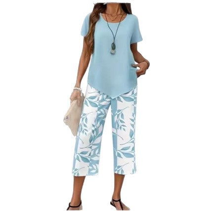 Willowset – Layered-Hem Top & Leaf-Print Wide-Leg Capri Two-Piece Set + 50% OFF