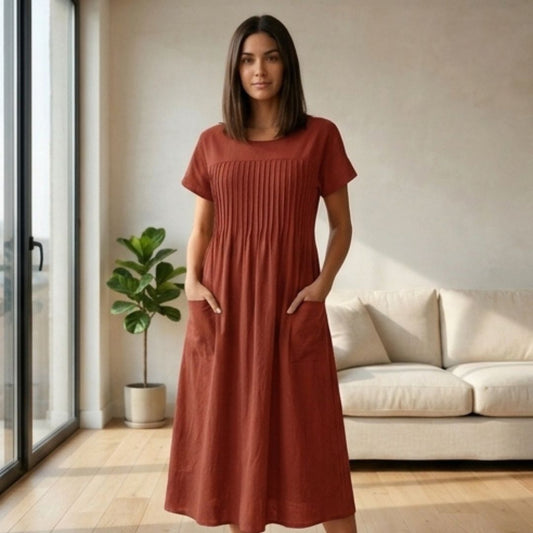 Linwell™ – Pleated Midi Dress with Pockets & Soft Drape Fit + 50% OFF