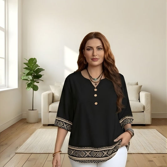 Linelle™ – Boho Button V-Neck Plus Size Women's Top + 50% OFF