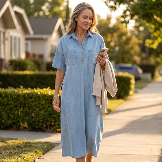 Chambry – Soft Denim Midi Shirt Dress with Pockets, Relaxed A-Line Fit + 50% OFF