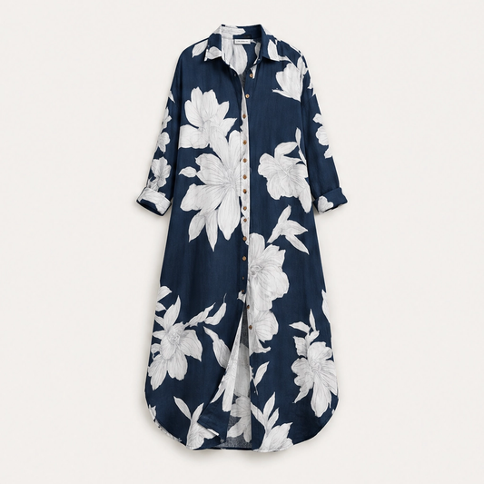 Solène – Floral Print Adjustable-Waist Maxi Shirt Dress + 50% OFF