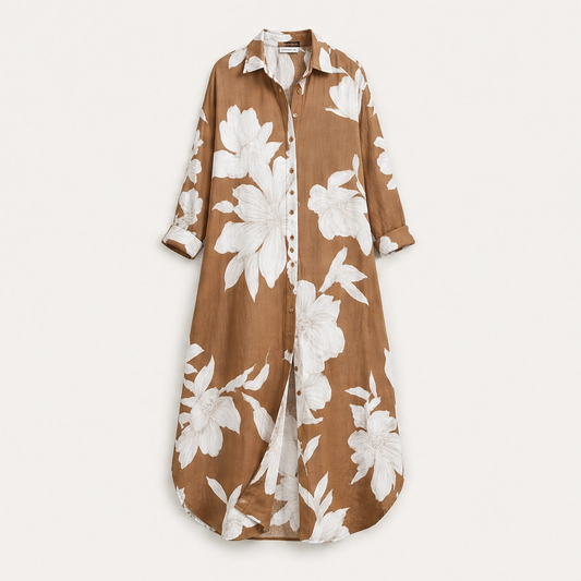 Solène – Floral Print Adjustable-Waist Maxi Shirt Dress + 50% OFF