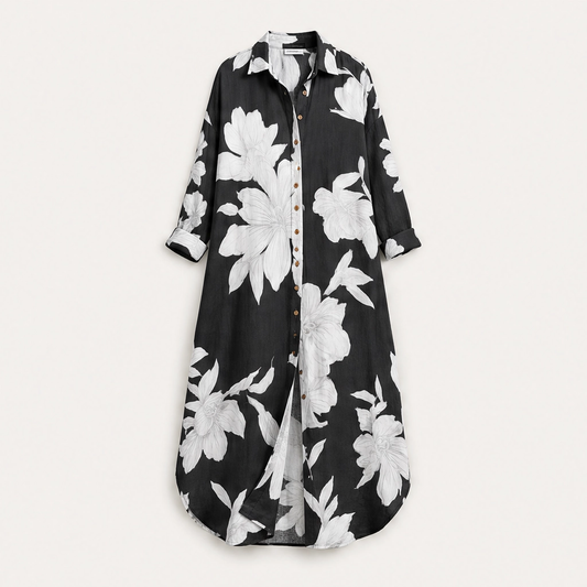 Solène – Floral Print Adjustable-Waist Maxi Shirt Dress + 50% OFF