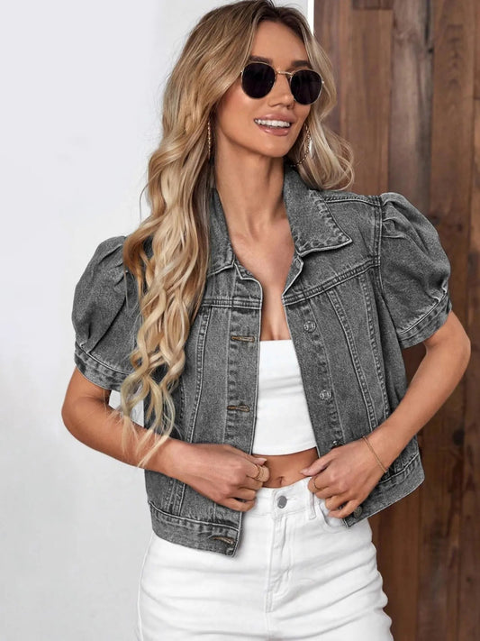 Soletté™ – Puff-Sleeve Cropped Denim Jacket + 50% OFF