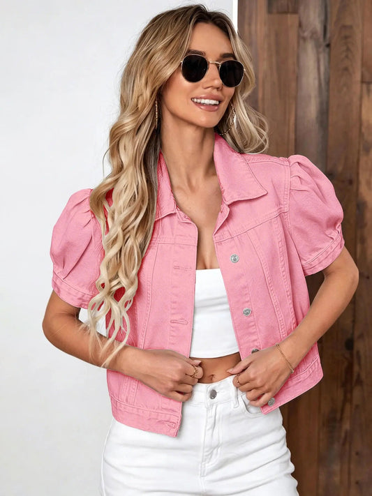 Soletté™ – Puff-Sleeve Cropped Denim Jacket + 50% OFF