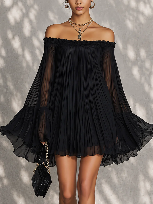 Plissette™ – Pleated Chiffon Off-Shoulder Bell Sleeve Mini Dress + 50% OFF