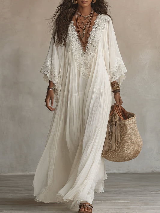 Solmara™ – Lined Chiffon Lace V-Neck Batwing Maxi Dress + 50% OFF