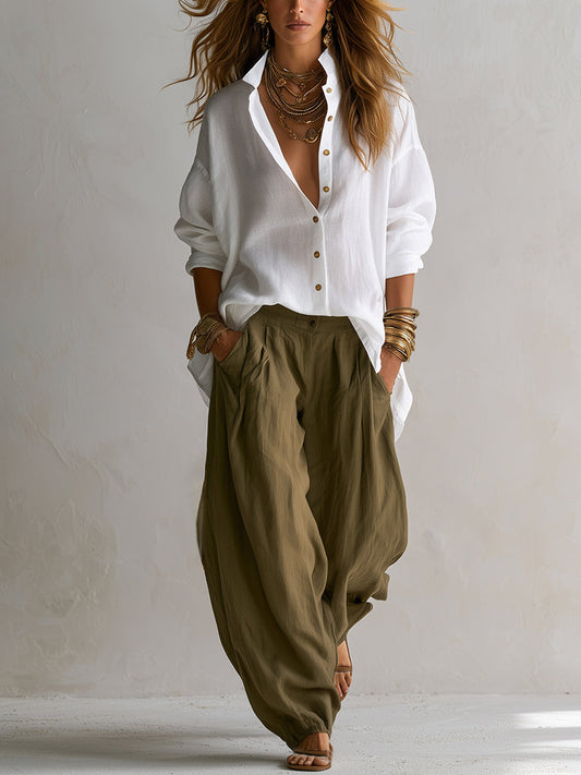 Sorrel – Relaxed Linen-Feel Shirt & Lantern Pants Two-Piece Set + 50% OFF