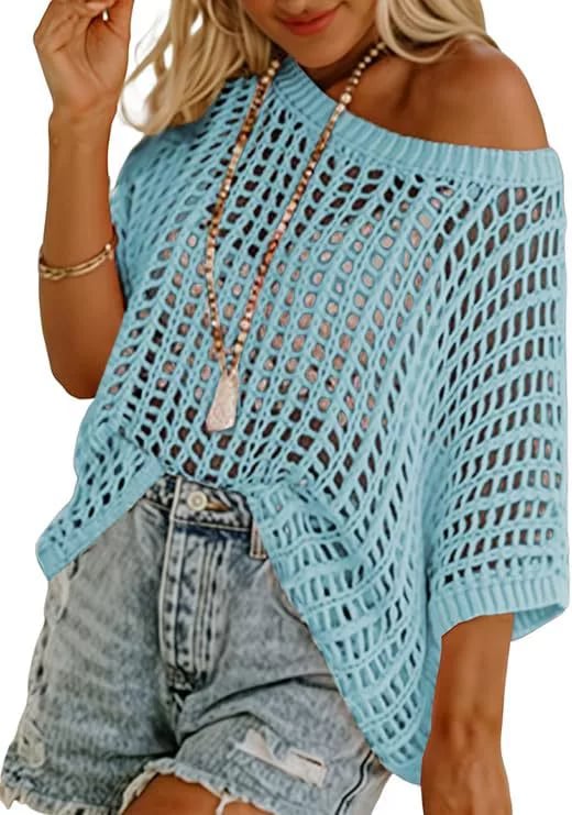 Womens Summer Scoop Neck ShortSleeve Sweater Casual Crochet Hollow Out KnitTops - 50% OFF