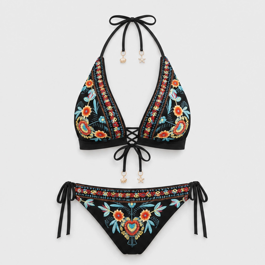 Solmara – Embroidered Boho Halter Bikini Set with Adjustable Lace-Up Ties + 50% OFF