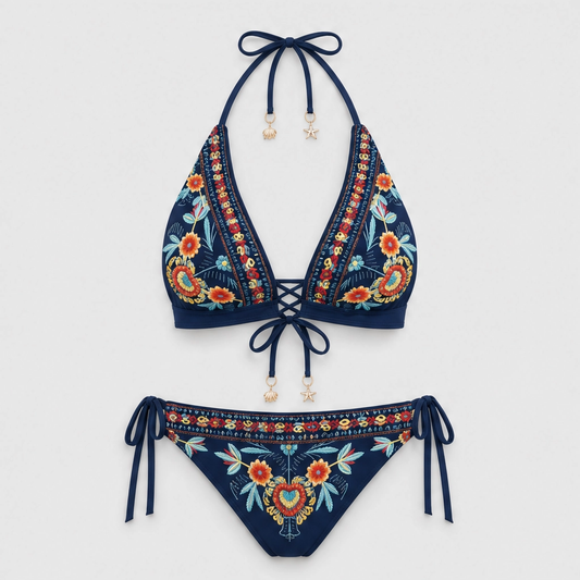 Solmara – Embroidered Boho Halter Bikini Set with Adjustable Lace-Up Ties + 50% OFF