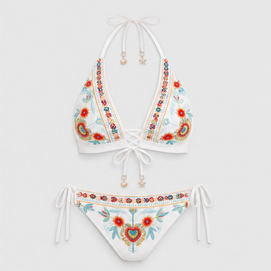 Solmara – Embroidered Boho Halter Bikini Set with Adjustable Lace-Up Ties + 50% OFF