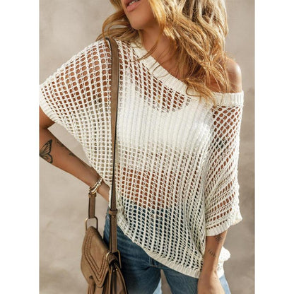 Womens Summer Scoop Neck ShortSleeve Sweater Casual Crochet Hollow Out KnitTops - 50% OFF