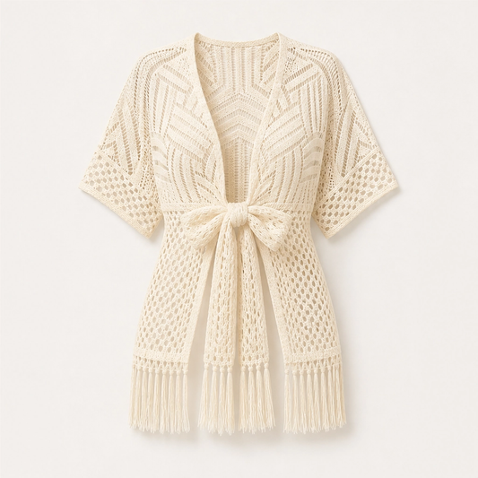 Solaire – Lightweight Crochet Kimono Cover-Up with Tassels + 50% OFF