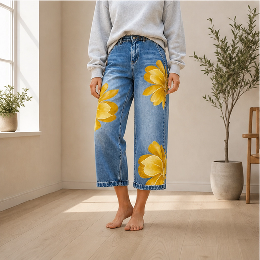 Fleurette™ – Stitched Floral Wide-Leg Soft Denim Jeans + 50% OFF