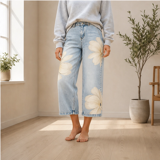 Fleurette™ – Stitched Floral Wide-Leg Soft Denim Jeans + 50% OFF