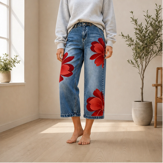 Fleurette™ – Stitched Floral Wide-Leg Soft Denim Jeans + 50% OFF