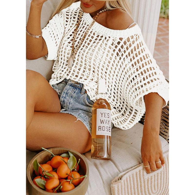 Womens Summer Scoop Neck ShortSleeve Sweater Casual Crochet Hollow Out KnitTops - 50% OFF