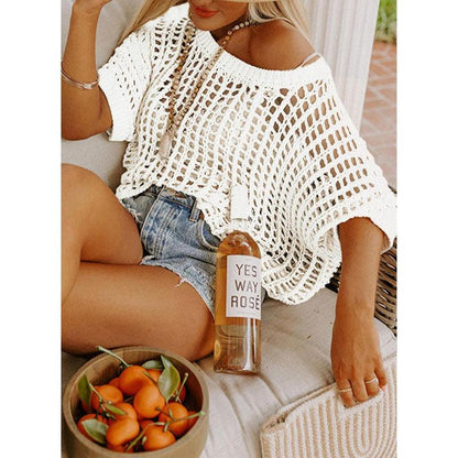 Womens Summer Scoop Neck ShortSleeve Sweater Casual Crochet Hollow Out KnitTops - 50% OFF