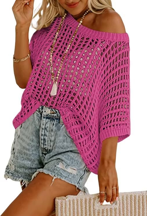 Womens Summer Scoop Neck ShortSleeve Sweater Casual Crochet Hollow Out KnitTops - 50% OFF