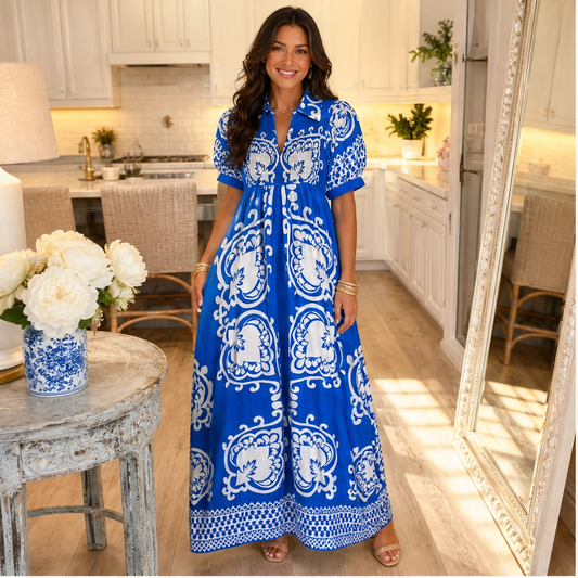 Marisol – Baroque Print Puff Sleeve Flowy Midi Dress + 50% OFF