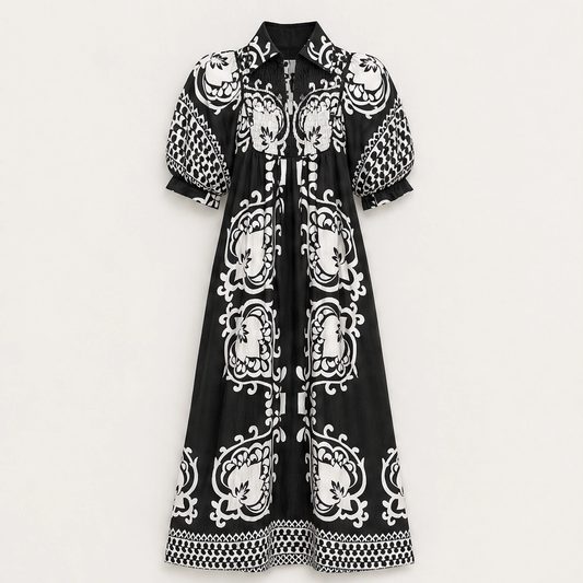 Marisol – Baroque Print Puff Sleeve Flowy Midi Dress + 50% OFF
