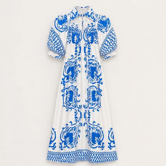 Marisol – Baroque Print Puff Sleeve Flowy Midi Dress + 50% OFF