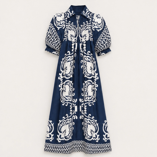 Marisol – Baroque Print Puff Sleeve Flowy Midi Dress + 50% OFF