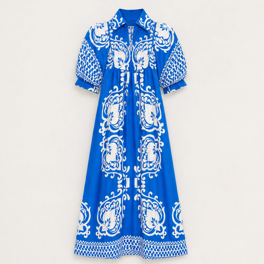 Marisol – Baroque Print Puff Sleeve Flowy Midi Dress + 50% OFF
