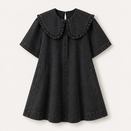 Fleurette – Ruffled Peter Pan Collar Flowy Denim Babydoll Mini Dress + 50% OFF