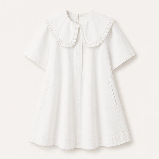 Fleurette – Ruffled Peter Pan Collar Flowy Denim Babydoll Mini Dress + 50% OFF
