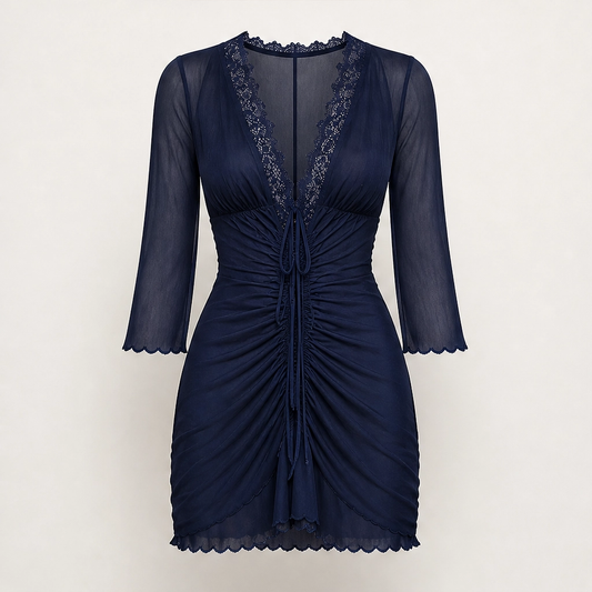Ruchelle – Lace-Trim Drawstring Mesh Mini Dress + 50% OFF