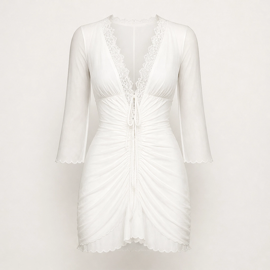 Ruchelle – Lace-Trim Drawstring Mesh Mini Dress + 50% OFF