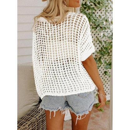 Womens Summer Scoop Neck ShortSleeve Sweater Casual Crochet Hollow Out KnitTops - 50% OFF