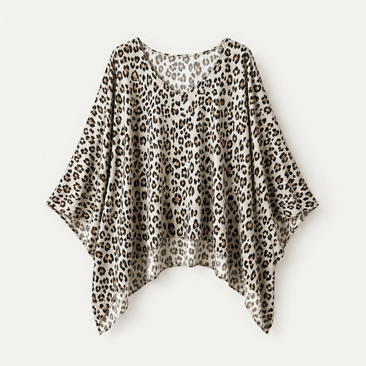 Rivena – Leopard-Print Batwing Top with Asymmetrical Hem + 50% OFF
