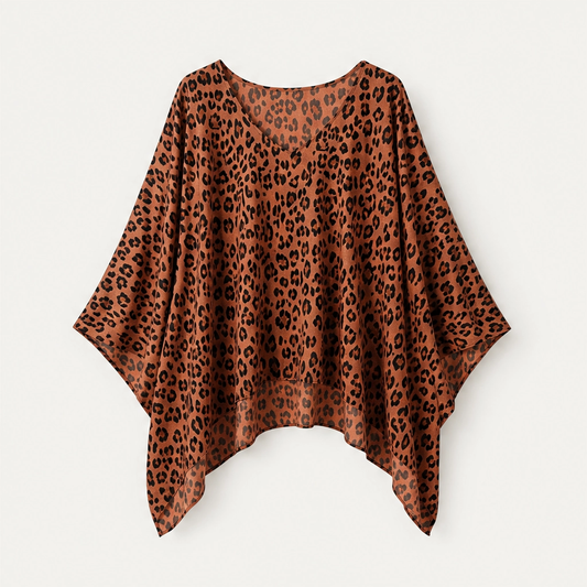 Rivena – Leopard-Print Batwing Top with Asymmetrical Hem + 50% OFF