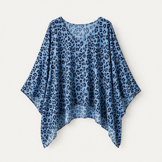 Rivena – Leopard-Print Batwing Top with Asymmetrical Hem + 50% OFF