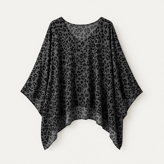 Rivena – Leopard-Print Batwing Top with Asymmetrical Hem + 50% OFF