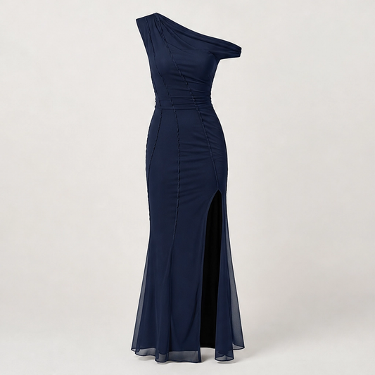 Noirelle – One-Shoulder Mesh Maxi Dress with Front & Side Slit + 50% OFF