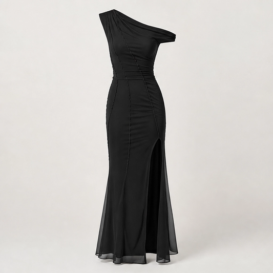 Noirelle – One-Shoulder Mesh Maxi Dress with Front & Side Slit + 50% OFF