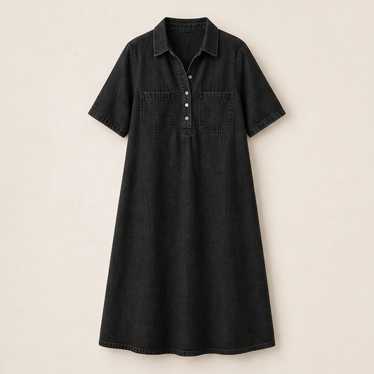 Wrenley – Soft Real-Denim V-Neck Midi Shirt Dress with Pockets + 50% OFF