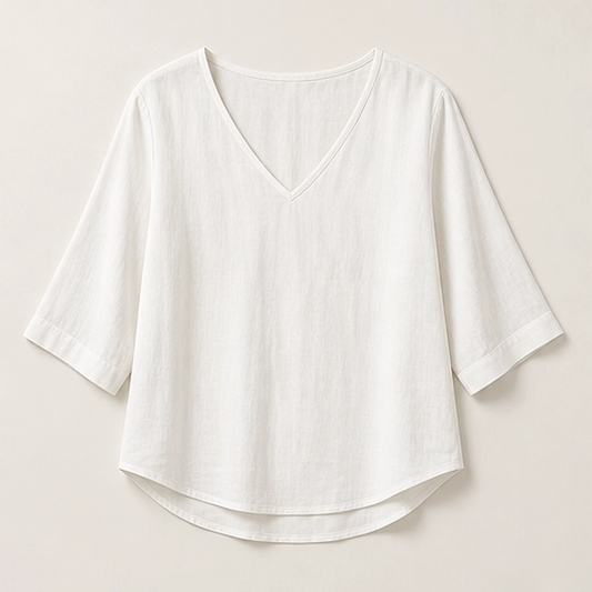 Drapelle – Relaxed V-Neck 3/4 Sleeve Blouse + 50% OFF