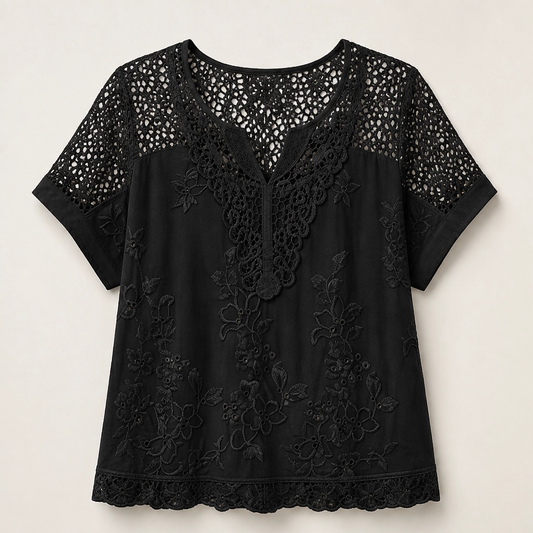 Lacewillow – Embroidered Lace V-Neck Blouse with Relaxed Fit + 50% OFF