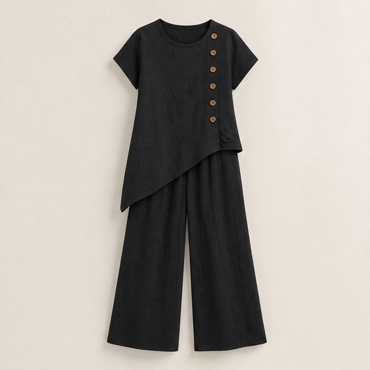 Cassia – Asymmetric Button Top & Wide-Leg Pants Set + 50% OFF