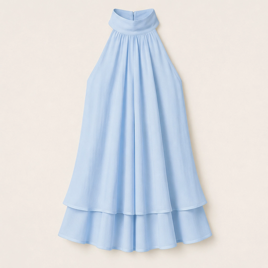 Solenne – Flowy Layered Halter Mini Dress with Open Back + 50% OFF