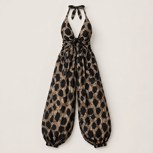 Savanne – Animal Print Tie-Front Chiffon Wide-Leg Jumpsuit + 50% OFF